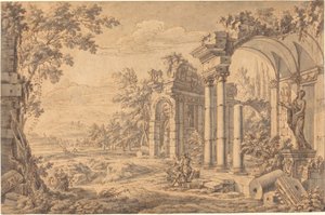 Landschaft mit einem Zeichner unter antiken Ruinen