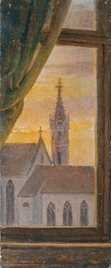 Blick durch ein Fenster auf einen gotischen Kirchturm von Johann Peter Krafft