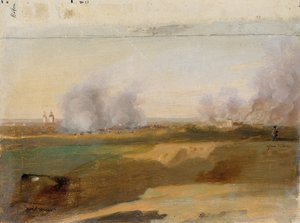Landschaftsstudie mit brennenden Dörfern im Hintergrund