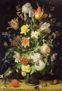 Stillleben mit Blumen und Blaumeise