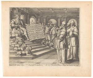 Motetdruck und Titelblatt mit Salomo als Komponist des Hohelieds Canticum Canticorum (Titel auf Objekt) Hohelied Salomos (Serientitel) von Johann Sadeler (I)