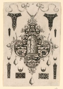 Tafel 6, aus einer Serie von acht Anhängedesigns mit den Kardinaltugenden von Johann Theodor de Bry
