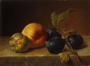 Ein Pfirsich und Pflaumen auf einem Marmorsims, 1860 von Johann Wilhelm Preyer