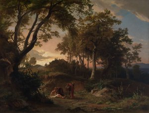 Der Abend, Die Bergung des verletzten Wanderers durch den barmherzigen Samariter von Johann Wilhelm Schirmer