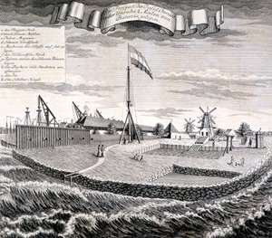 Holz- oder Sägemühle der Niederländischen Ostindien-Kompanie auf der Insel zwei Meilen von Batavia, veröffentlicht 1744