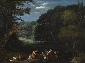 Latona verwandelt die lykischen Bauern in Frösche (nach Elsheimer?) von Johann or Hans (attr.to) Konig