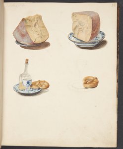Stillleben mit Käse, Schnaps und Brezel