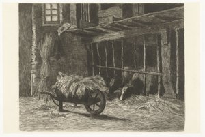 Innenraum eines Stalls mit Kühen und Heuwagen von Johanna Henriëtte Besier