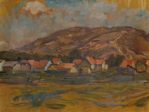 Landschaft mit Häusern und Berg von Johanna Kampmann Freund