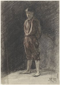 Stehender Mann mit Helm und aufgerollten Buchspijpen