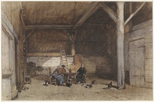 Bauerninterieur mit zwei Männern und einer Frau an einem Tisch, dazu einige Hühner und Katzen