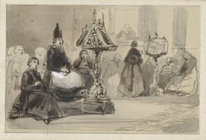 Kircheninterieur mit singendem Bischof und Nonnen von Johannes Bosboom