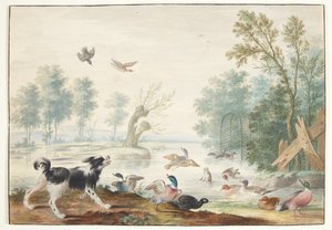 Ein Hund und Enten am See von Johannes Bronckhorst