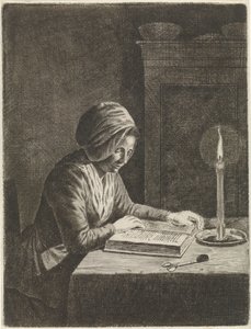 Dunkler Raum mit lesender Frau von Johannes Christiaan Janson