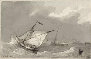 Fischerboot auf stürmischer See, mit einem Dorf in der Ferne