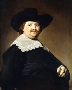 Porträt eines Gentlemans, Halbfigur, in schwarzem Kostüm mit weißem Spitzenkragen und schwarzem Hut