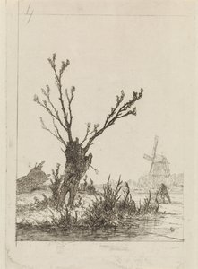 Schlittschuhläufer mit Schlitten bei einer Kopfweide von Johannes Franciscus Hoppenbrouwers