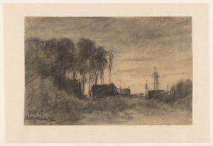 Gruppe von Häusern und Bäumen bei Hooghalen, Abendstimmung von Johannes Gijsbert Vogel