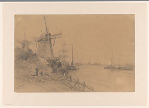Mühlen bei Dordrecht entlang des Flusses mit Schiffen
