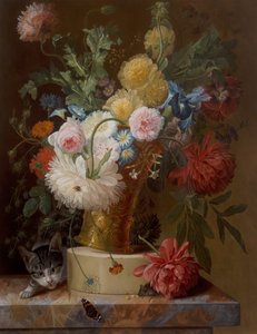 Stillleben mit Blumen auf einem Sims und einer Katze von Johannes Hendrick Fredriks