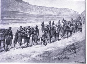 Eine Batterie Feldgeschütze auf dem Weg nach Ichon, Illustration aus Cassells Geschichte des Russisch-Japanischen Krieges Band 1, ca. 1900