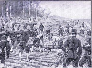 Japanische Ingenieure bauen eine Holzstraße für Truppen, Illustration aus Cassells Geschichte des Russisch-Japanischen Krieges Band 1, ca. 1900