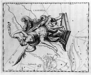 Die Konstellation Kassiopeia: Kassiopeia, Frau des Königs von Äthiopien Cepheus, sitzt auf einem mit Palmen geschmückten Stuhl. Tafel aus „Firmamentum Sobiescanum sive Uranographia“ von Johannes Hevelius (1611-1687) von Johannes Hevelius