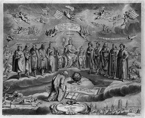 Die berühmten Astronomen. Unter ihnen, von links nach rechts: Walterus (?), Tycho Brahe (Tyge Ottesen Brahe), bekannt als der edle Däne oder der Mann mit der goldenen Nase (1546-1601), Ulugh Beg (Oulough Beg, Oulugbek) (1394-1449), Timocharis von Alexandri