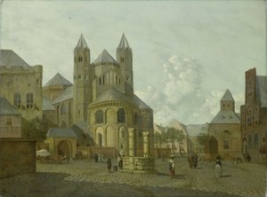 Imaginäre Stadtansicht mit romanischer Kirche