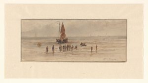 Strandansicht mit Fischern und Segelschiff