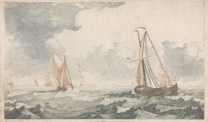 Zwei aufeinander zu segelnde Plattbodenschiffe