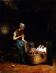 Mutter und Kind in einem Cottage-Inneren