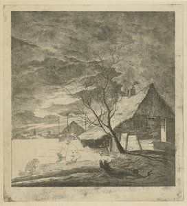 Nachtlandschaft mit Bauernhof und Schlittschuhläufern von Johannes Janson
