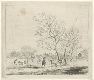 Winterlandschaft mit Kühen und Schlittschuhläufern von Johannes Janson