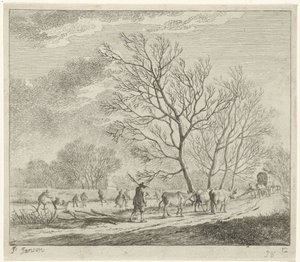Winterlandschaft mit Kühen und Schlittschuhläufern von Johannes Janson