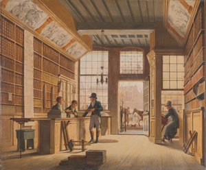 Der Laden des Buchhändlers Pieter Meijer Warnars an der Vijgendam in Amsterdam