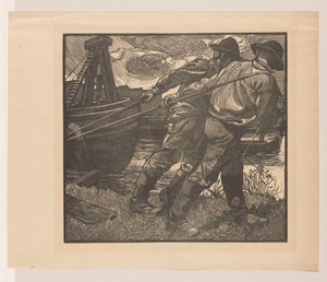 Arbeiter mit Seilen am Ufer von Johannes Josephus Aarts