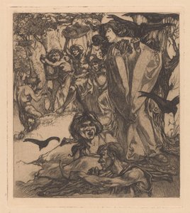 Waldlandschaft mit Menschen, Krähen und Satyr