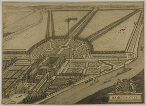 Hampton Court, Tafel sechs aus Britannia Illustrata von Johannes Kip