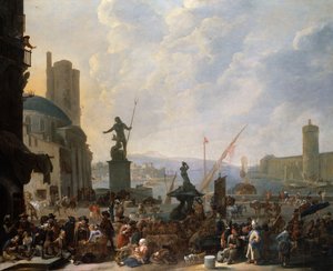 Ein Capriccio eines Mittelmeerhafens mit Berninis Tritonbrunnen und ein Capriccio des Palais du Louvre, 1651 von Johannes Lingelbach