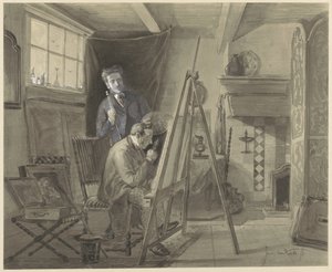 Selbstporträt von Johannes Marius van Kate, stehend in seinem Atelier mit einem Besucher von Johannes Marius ten Kate