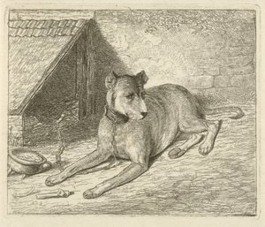 Hund an einer Kette bei einer Hundehütte