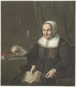 Porträt einer sitzenden alten Frau mit aufgeschlagenem Buch von Johannes Pieter de Frey