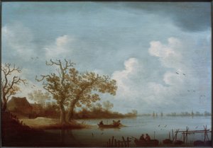 Holländische Flusslandschaft mit Bauernhäusern und Fischerbooten