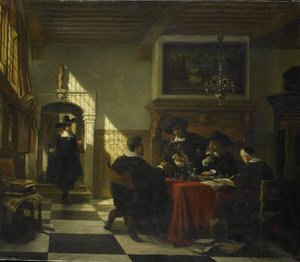 Gesellschaft in Tracht des 17. Jahrhunderts an einem Tisch mit einem Nautilusbecher