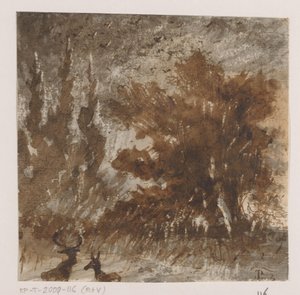 Hirsche und Vögel bei hohen Bäumen von Johannes Tavenraat (signed by artist)