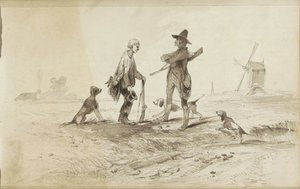 Jäger mit Hunden in einer Landschaft mit einer Mühle
