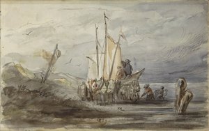 Pferd und Wagen an einem Ufer bei einem Segelschiff