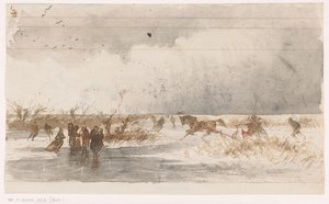 Schlittschuhläufer und Pferdeschlitten auf dem Eis von Johannes Tavenraat