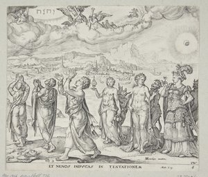 Mann widersteht der Versuchung von Geld, Lust und Ehre von Johannes Wierix